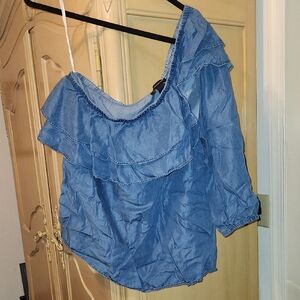 INC International Concepts Blue Ruffled Off-Shoulder Blouse